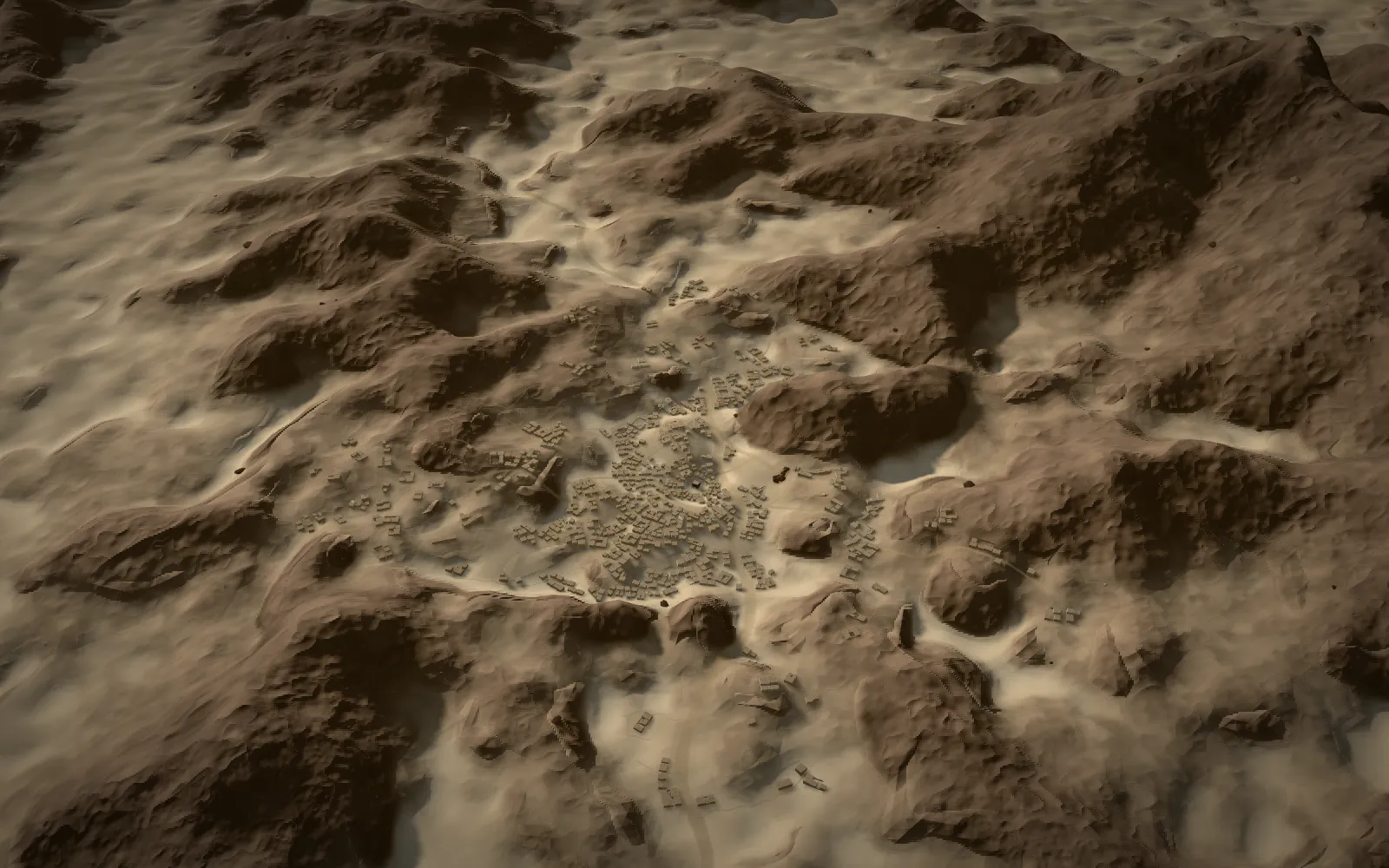 The valleys of Makkah between the mountains, with the Ka'bah at the centre: a 3D reconstruction of 610–615 CE