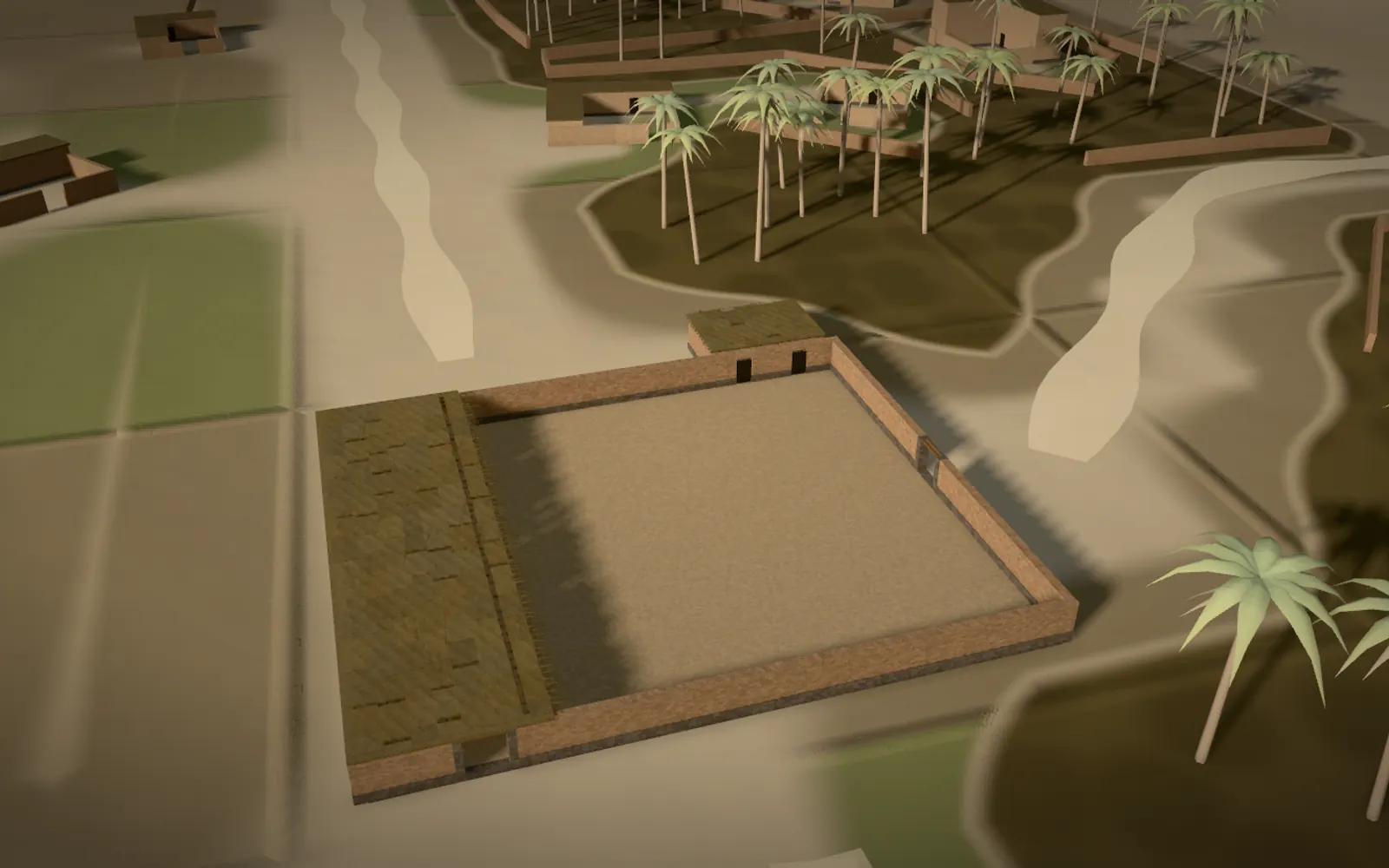 The Prophet's Mosque in Madinah as first built, with mud-brick walls, palm-trunk columns and a palm-frond shade: a 3D reconstruction of 1 AH (622 CE)