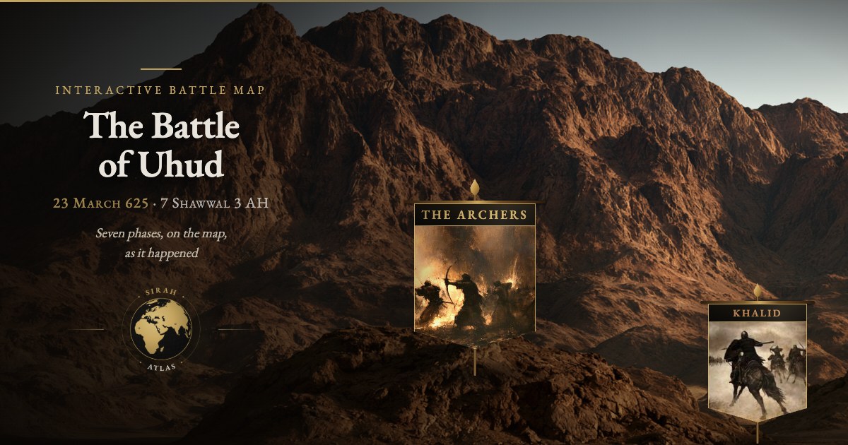 The Battle of Uhud, 625 M / 3 H – peta medan perang dari Sirah Atlas, menampilkan panji-panji para panglima yang saling berhadapan di sana.